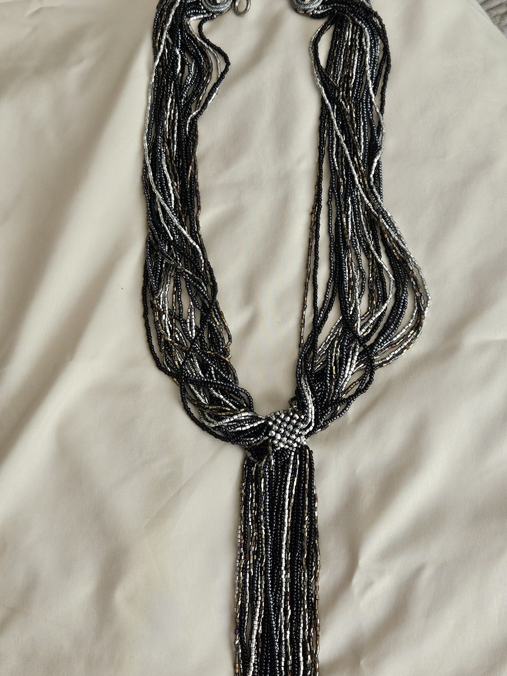 Multi-Strand Black and Silver Beaded Tassel Necklace
